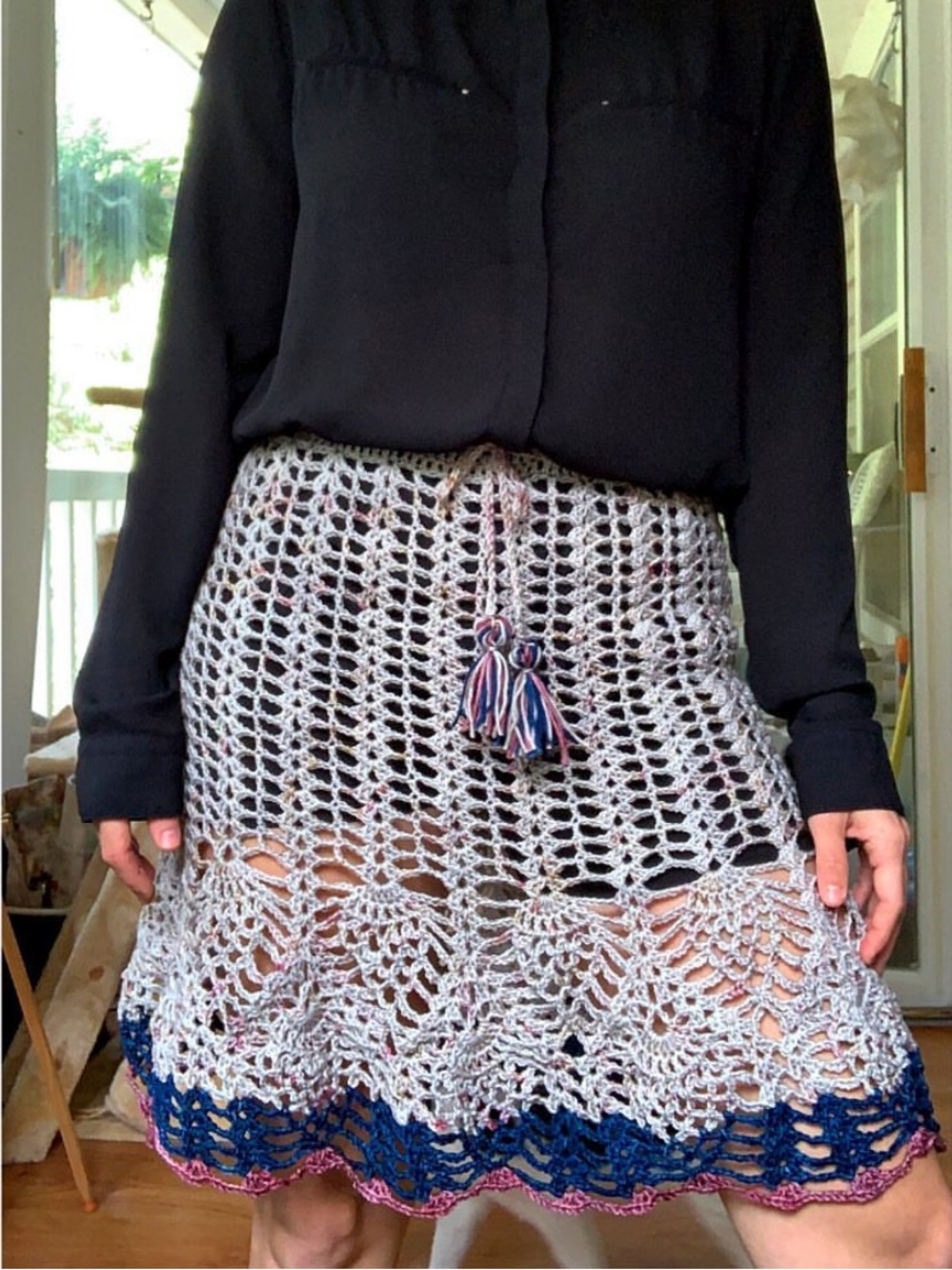 Handmade Crochet Gray Speckled Boho Skirt with Navy and Pink Trim